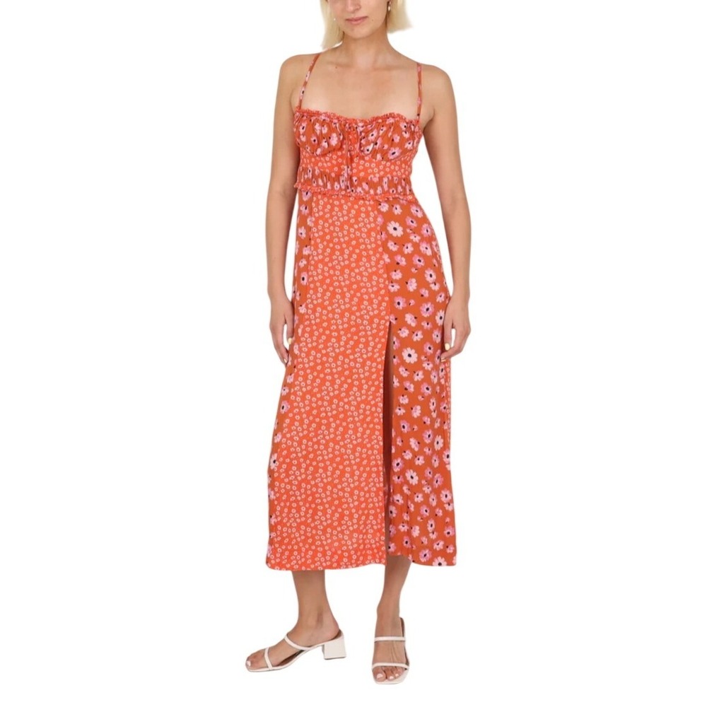 Free People Orange Floral Mixed Print Midi Dress XL, Boho Cottagecore